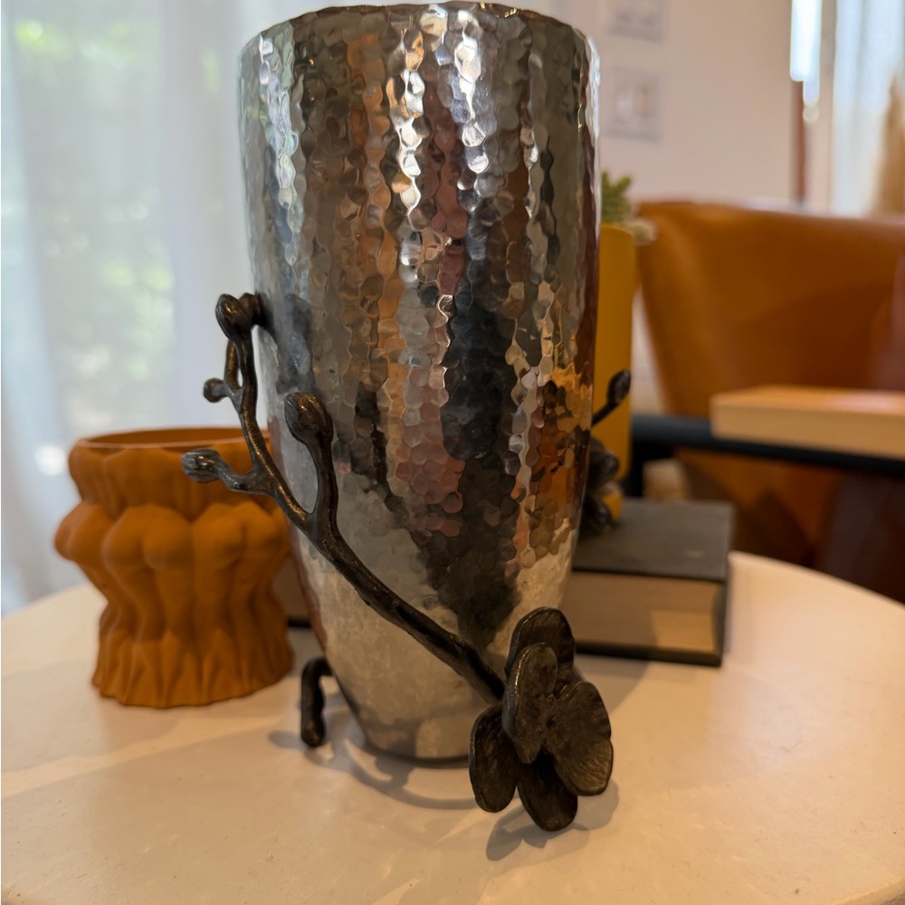 Michael Aram Orchid Hammered Metal Vase with Floral Iron Accent - Silver
